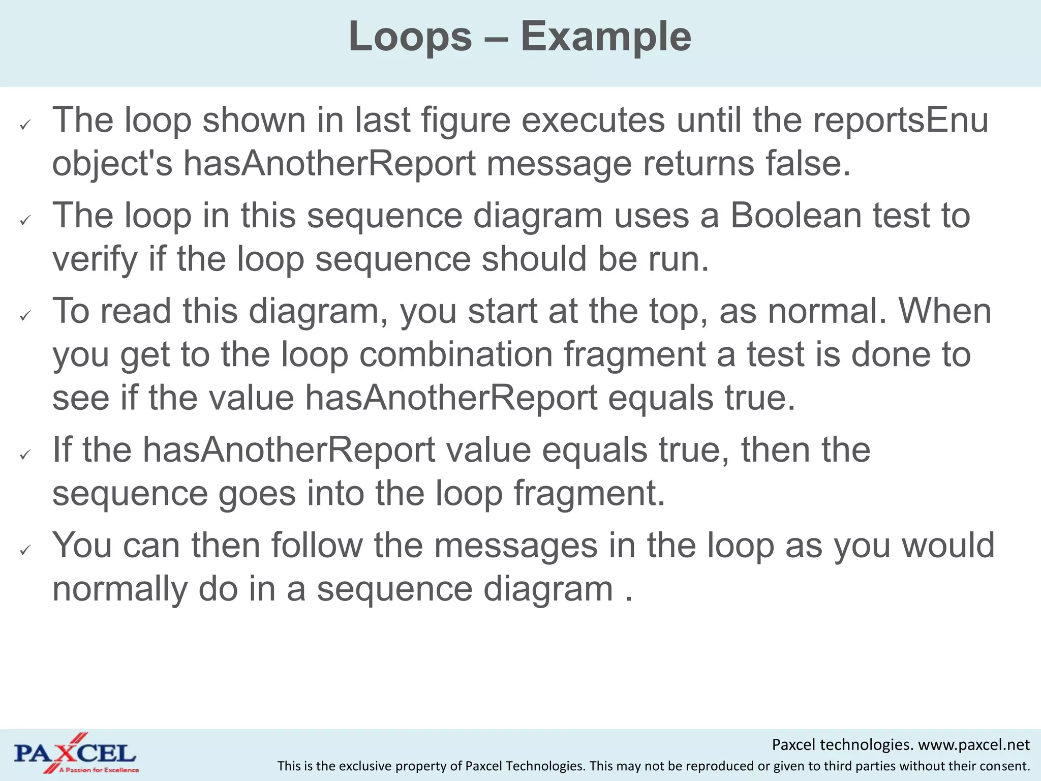 Loops – Example
   The loop shown in last figure executes until the reportsEnu
    object's hasAnotherReport message returns false.
   The loop in this sequence diagram uses a Boolean test to
    verify if the loop sequence should be run.
   To read this diagram, you start at the top, as normal. When
    you get to the loop combination fragment a test is done to
    see if the value hasAnotherReport equals true.
   If the hasAnotherReport value equals true, then the
    sequence goes into the loop fragment.
   You can then follow the messages in the loop as you would
    normally do in a sequence diagram .



                                                                                                       Paxcel technologies. www.paxcel.net
                  This is the exclusive property of Paxcel Technologies. This may not be reproduced or given to third parties without their consent.
 