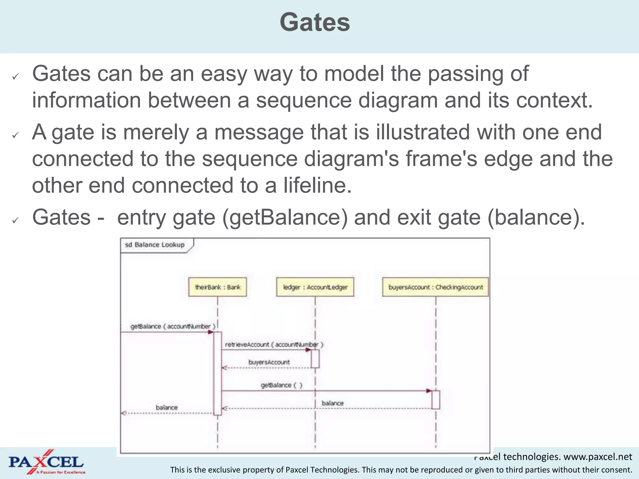 Gates
   Gates can be an easy way to model the passing of
    information between a sequence diagram and its context.
   A gate is merely a message that is illustrated with one end
    connected to the sequence diagram's frame's edge and the
    other end connected to a lifeline.
   Gates - entry gate (getBalance) and exit gate (balance).




                  •   Figure: A sequence diagram with gates.
                                                                                                       Paxcel technologies. www.paxcel.net
                  This is the exclusive property of Paxcel Technologies. This may not be reproduced or given to third parties without their consent.
 