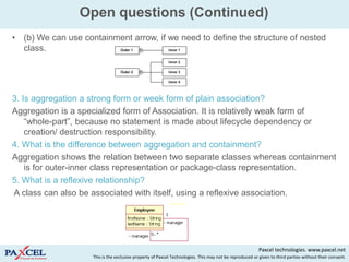 Open questions (Continued)
(b) We can use containment arrow, if we need to define the structure of nested
class.




3. Is aggregation a strong form or week form of plain association?
Aggregation is a specialized form of Association. It is relatively weak form of
    “whole-part”, because no statement is made about lifecycle dependency or
    creation/ destruction responsibility.
4. What is the difference between aggregation and containment?
Aggregation shows the relation between two separate classes whereas containment
    is for outer-inner class representation or package-class representation.
5. What is a reflexive relationship?
A class can also be associated with itself, using a reflexive association.




                                                                                                         Paxcel technologies. www.paxcel.net
                    This is the exclusive property of Paxcel Technologies. This may not be reproduced or given to third parties without their consent.
 