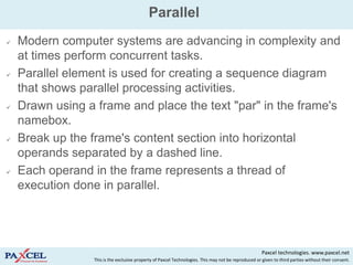 Parallel
   Modern computer systems are advancing in complexity and
    at times perform concurrent tasks.
   Parallel element is used for creating a sequence diagram
    that shows parallel processing activities.
   Drawn using a frame and place the text "par" in the frame's
    namebox.
   Break up the frame's content section into horizontal
    operands separated by a dashed line.
   Each operand in the frame represents a thread of
    execution done in parallel.




                                                                                                      Paxcel technologies. www.paxcel.net
                 This is the exclusive property of Paxcel Technologies. This may not be reproduced or given to third parties without their consent.
 