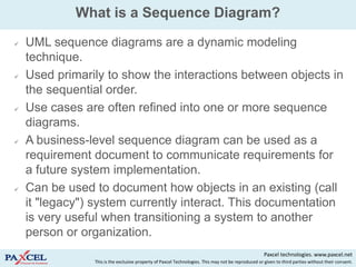 What is a Sequence Diagram?

   UML sequence diagrams are a dynamic modeling
    technique.
   Used primarily to show the interactions between objects in
    the sequential order.
   Use cases are often refined into one or more sequence
    diagrams.
   A business-level sequence diagram can be used as a
    requirement document to communicate requirements for
    a future system implementation.
   Can be used to document how objects in an existing (call
    it "legacy") system currently interact. This documentation
    is very useful when transitioning a system to another
    person or organization.
                                                                                                     Paxcel technologies. www.paxcel.net
                This is the exclusive property of Paxcel Technologies. This may not be reproduced or given to third parties without their consent.
 