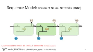 14
Sequence Model: Recurrent Neural Networks (RNNs)
Vanilla_RNN02.ipynb (調整參數 (num_layers)，比較收斂的結果 )
Vanilla RNN 指的是最基本的 RNN架構，僅有 一層 RNN cell，每個時間步只傳遞一個 hidden state（h）
 