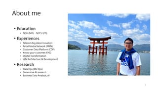 About me
2
• Education
• NCU (MIS)、NCCU (CS)
• Experiences
• Telecom big data Innovation
• Retail Media Network (RMN)
• Customer Data Platform (CDP)
• Know-your-customer (KYC)
• Digital Transformation
• LLM Architecture & Development
• Research
• Data Ops (ML Ops)
• Generative AI research
• Business Data Analysis, AI
 