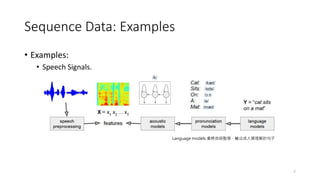 Sequence Data: Examples
• Examples:
• Speech Signals.
7
Language models 會將自詞整理，輸出成人類理解的句子
 