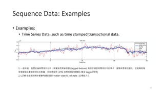 Sequence Data: Examples
• Examples:
• Time Series Data, such as time stamped transactional data.
8
1. 一般來說，我們討論時間序列分析，都會採用滯後特徵 (Lagged features) 有助於捕捉時間序列中的模式、趨勢與季節性變化，它能幫助模
型理解過去數值對現在的影響；但如果採用 LSTM 自帶時間記憶機制 (隱含 lagged 特性)
2. LSTM 在每個時間步都會考慮前面的 hidden state 和 cell state（記憶能力）
 