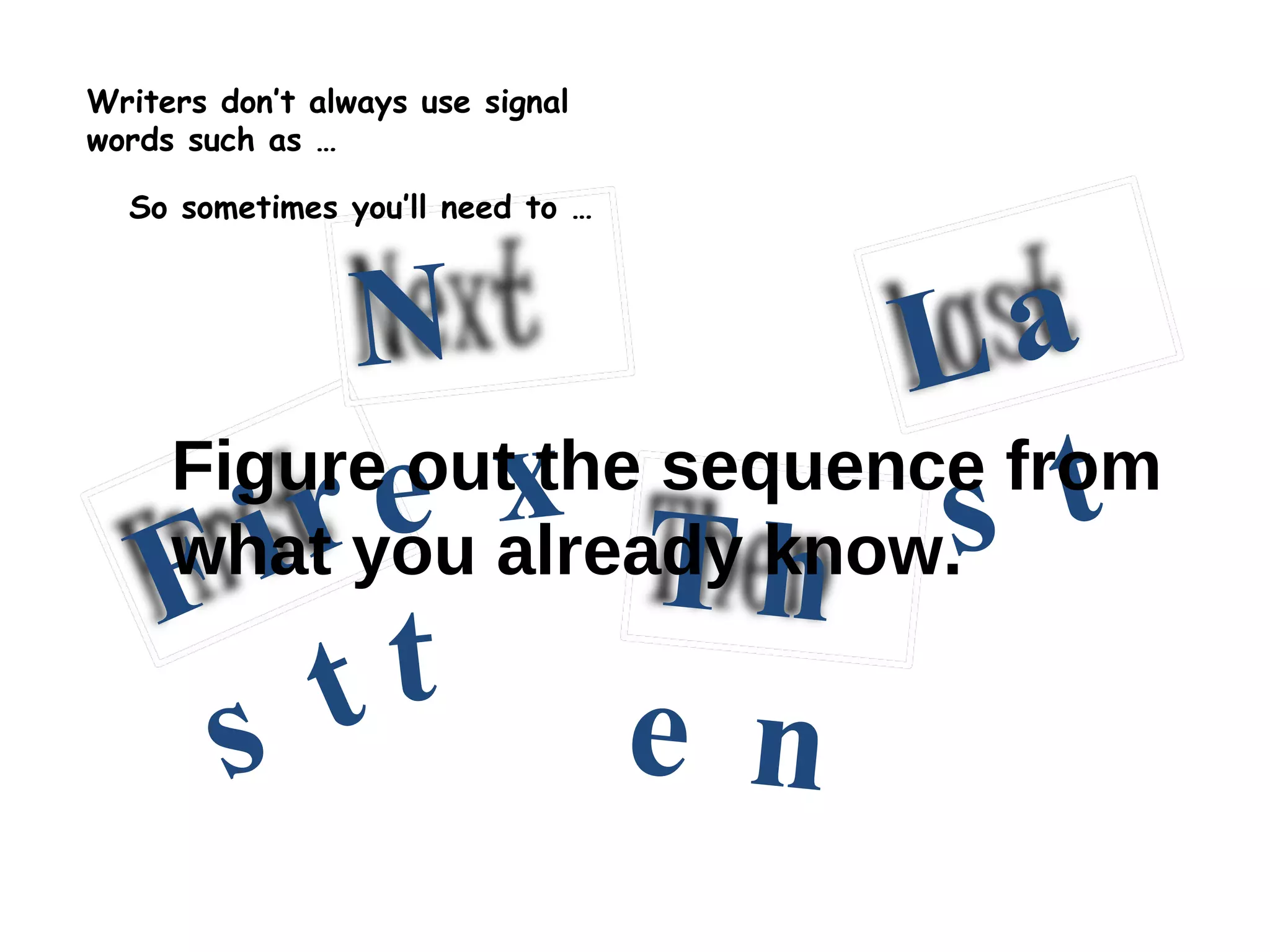 Writers don’t always use signal words such as … So sometimes you’ll need to … Figure out the sequence from what you already know. First Next Then Last 