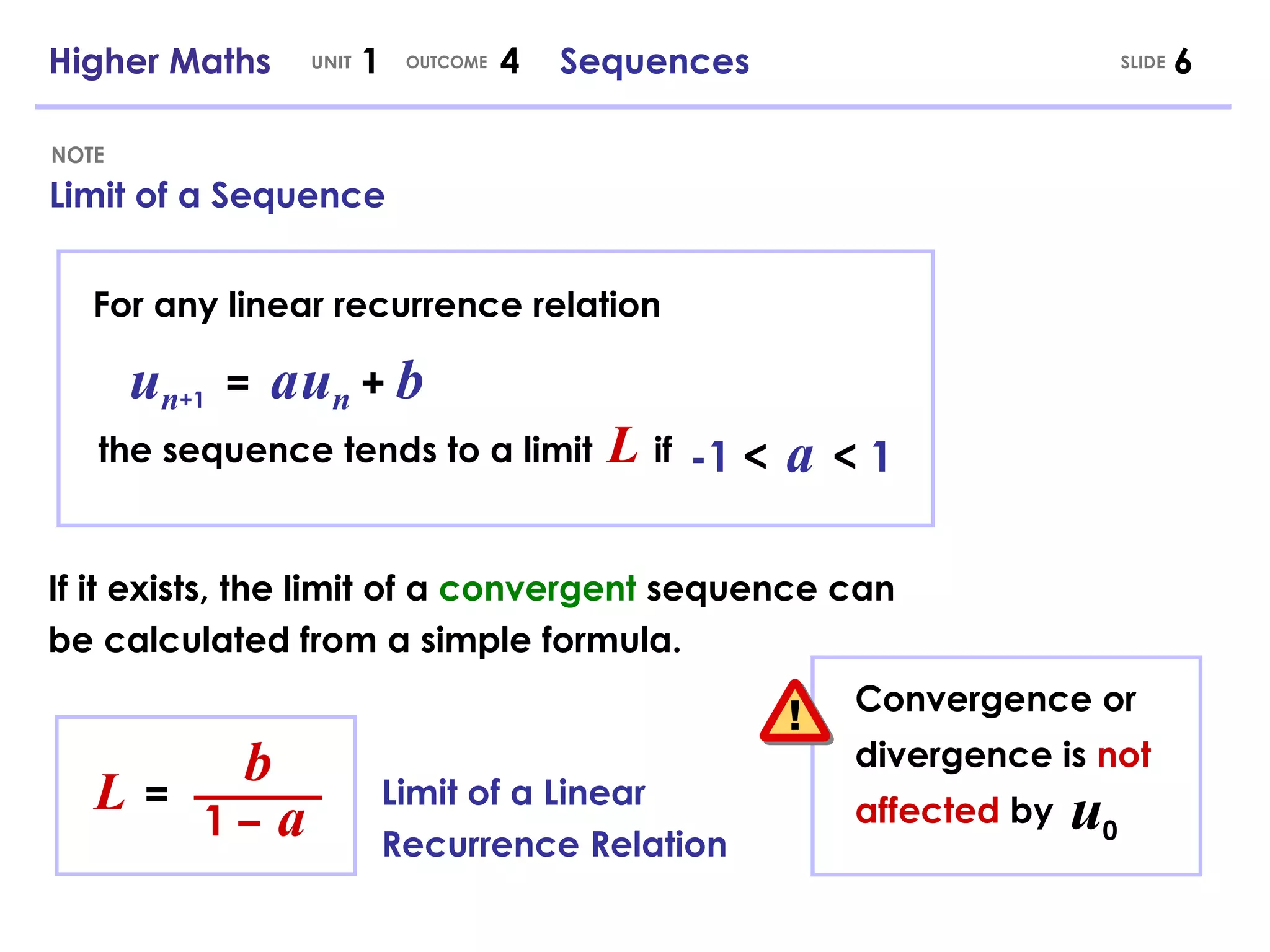 Higher Maths  1  4  Sequences Limit of a Sequence UNIT OUTCOME NOTE For any linear recurrence relation SLIDE u n +1   =   a   u n   +   b -1   <   a   <   1 If it exists, the limit of a  convergent  sequence can be calculated from a simple formula. L   = b 1 –  a the sequence tends to a limit  L   if Limit of a Linear Recurrence Relation Convergence or divergence is  not affected  by u 0 
