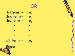 OR 1st term = u 2nd term = u 3rd term = u n th term = u . . . . . . 0 1 2 n-1 