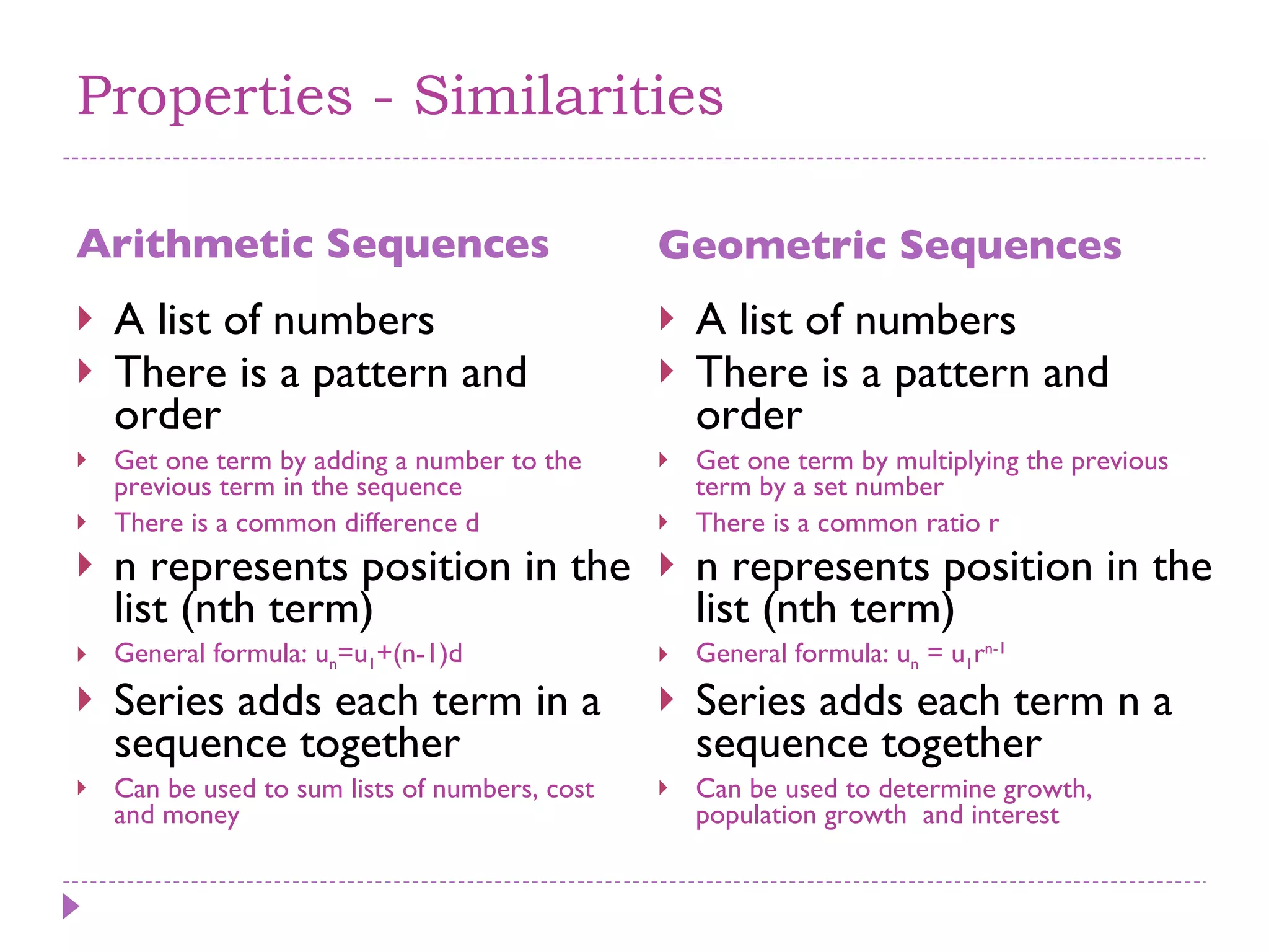 Properties - Similarities Arithmetic Sequences Geometric Sequences A list of numbers There is a pattern and order Get one term by adding a number to the previous term in the sequence There is a common difference d n represents position in the list (nth term) General formula: u n =u 1 +(n-1)d Series adds each term in a sequence together Can be used to sum lists of numbers, cost and money A list of numbers There is a pattern and order Get one term by multiplying the previous term by a set number There is a common ratio r n represents position in the list (nth term) General formula: u n  = u 1 r n-1   Series adds each term n a sequence together  Can be used to determine growth, population growth  and interest 