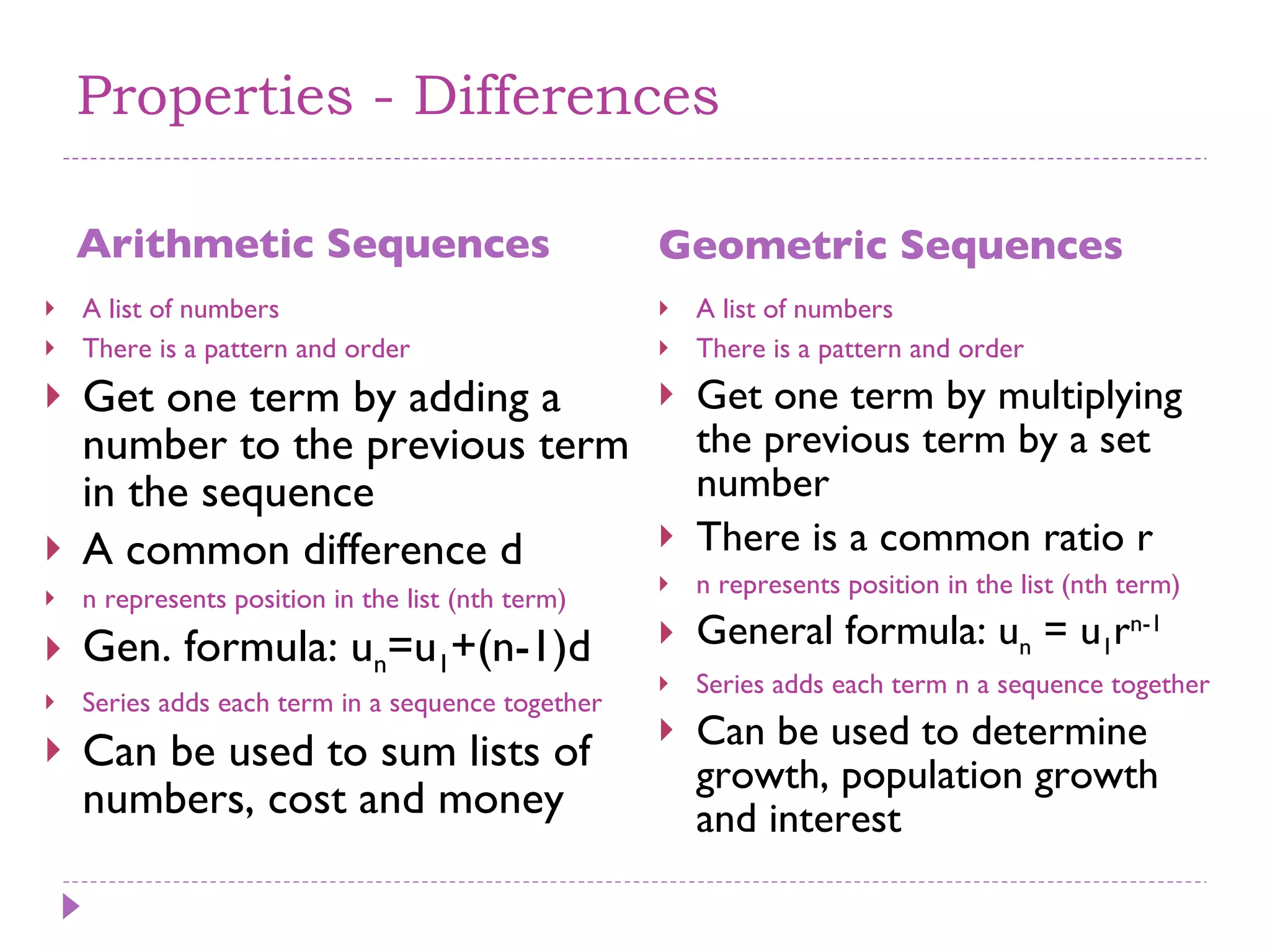 Properties - Differences Arithmetic Sequences Geometric Sequences A list of numbers There is a pattern and order Get one term by adding a number to the previous term in the sequence A common difference d n represents position in the list (nth term) Gen. formula: u n =u 1 +(n-1)d Series adds each term in a sequence together Can be used to sum lists of numbers, cost and money A list of numbers There is a pattern and order Get one term by multiplying the previous term by a set number There is a common ratio r n represents position in the list (nth term) General formula: u n  = u 1 r n-1   Series adds each term n a sequence together  Can be used to determine growth, population growth  and interest 