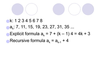 ●k: 1 2 3 4 5 6 7 8
●ak: 7, 11, 15, 19, 23, 27, 31, 35 ...
●Explicit formula ak = 7 + (k – 1) 4 = 4k + 3
●Recursive formula ak = ak-1 + 4
 