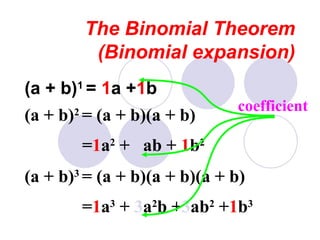 The Binomial Theorem
(Binomial expansion)
(a + b)1
= 1a +1b
(a + b)2
= (a + b)(a + b)
=1a2
+ 2ab + 1b2
(a + b)3
= (a + b)(a + b)(a + b)
=1a3
+ 3a2
b +3ab2
+1b3
coefficient
 
