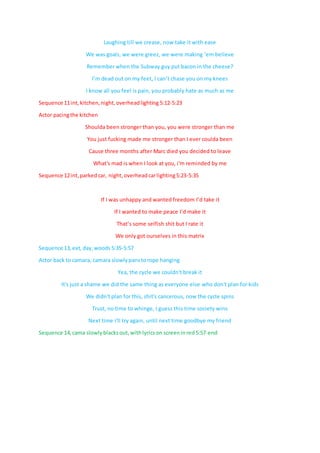 Laughing till we crease, now take it with ease
We was goals, we were greez, we were making ‘em believe
Remember when the Subway guy put bacon in the cheese?
I’m dead out on my feet, I can’t chase you on my knees
I know all you feel is pain, you probably hate as much as me
Sequence 11int,kitchen,night,overheadlighting 5:12-5:23
Actor pacingthe kitchen
Shoulda been stronger than you, you were stronger than me
You just fucking made me stronger than I ever coulda been
Cause three months after Marc died you decided to leave
What's mad is when I look at you, i'm reminded by me
Sequence 12int,parkedcar, night,overheadcarlighting5:23-5:35
If I was unhappy and wanted freedom I’d take it
If I wanted to make peace I’d make it
That’s some selfish shit but I rate it
We only got ourselves in this matrix
Sequence 13,ext,day,woods 5:35-5:57
Actor back to camara, camara slowlypanstorope hanging
Yea, the cycle we couldn't break it
It's just a shame we did the same thing as everyone else who don't plan for kids
We didn't plan for this, shit's cancerous, now the cycle spins
Trust, no time to whinge, I guess this time society wins
Next time i'll try again, until next time goodbye my friend
Sequence 14,cama slowlyblacksout,withlyricson screeninred 5:57-end
 