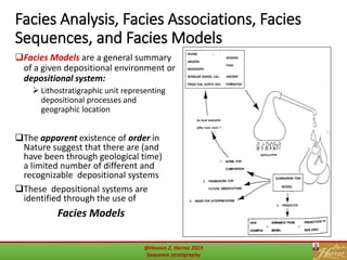 19
Facies Analysis, Facies Associations, Facies
Sequences, and Facies Models
Facies Models are a general summary
of a given depositional environment or
depositional system:
 Lithostratigraphic unit representing
depositional processes and
geographic location
The apparent existence of order in
Nature suggest that there are (and
have been through geological time)
a limited number of different and
recognizable depositional systems
These depositional systems are
identified through the use of
Facies Models
@Hassan Z. Harraz 2019
Sequence stratigraphy
 