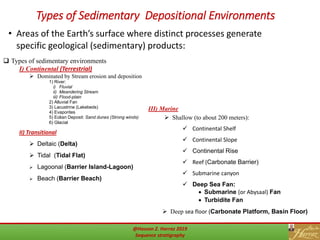 Types of Sedimentary Depositional Environments
 Types of sedimentary environments
I) Continental (Terrestrial)
 Dominated by Stream erosion and deposition
1) River:
i) Fluvial
ii) Meandering Stream
iii) Flood-plain
2) Alluvial Fan
3) Lacustrine (Lakebeds)
4) Evaporites
5) Eolian Deposit: Sand dunes (Strong winds)
6) Glacial
II) Transitional
 Deltaic (Delta)
 Tidal (Tidal Flat)
 Lagoonal (Barrier Island-Lagoon)
 Beach (Barrier Beach)
III) Marine
 Shallow (to about 200 meters):
 Continental Shelf
 Continental Slope
 Continental Rise
 Reef (Carbonate Barrier)
 Submarine canyon
 Deep Sea Fan:
 Submarine (or Abysaal) Fan
 Turbidite Fan
 Deep sea floor (Carbonate Platform, Basin Floor)
• Areas of the Earth’s surface where distinct processes generate
specific geological (sedimentary) products:
@Hassan Z. Harraz 2019
Sequence stratigraphy
 