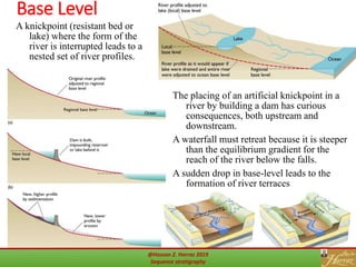 Base Level
41
The placing of an artificial knickpoint in a
river by building a dam has curious
consequences, both upstream and
downstream.
A waterfall must retreat because it is steeper
than the equilibrium gradient for the
reach of the river below the falls.
A sudden drop in base-level leads to the
formation of river terraces
A knickpoint (resistant bed or
lake) where the form of the
river is interrupted leads to a
nested set of river profiles.
@Hassan Z. Harraz 2019
Sequence stratigraphy
 