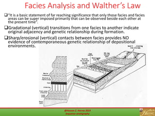47
Facies Analysis and Walther’s Law
“It is a basic statement of far reaching significance that only those facies and facies
areas can be super imposed primarily that can be observed beside each other at
the present time”.
Gradational (vertical) transitions from one facies to another indicate
original adjacency and genetic relationship during formation.
Sharp/erosional (vertical) contacts between facies provides NO
evidence of contemporaneous genetic relationship of depositional
environments.
@Hassan Z. Harraz 2019
Sequence stratigraphy
 