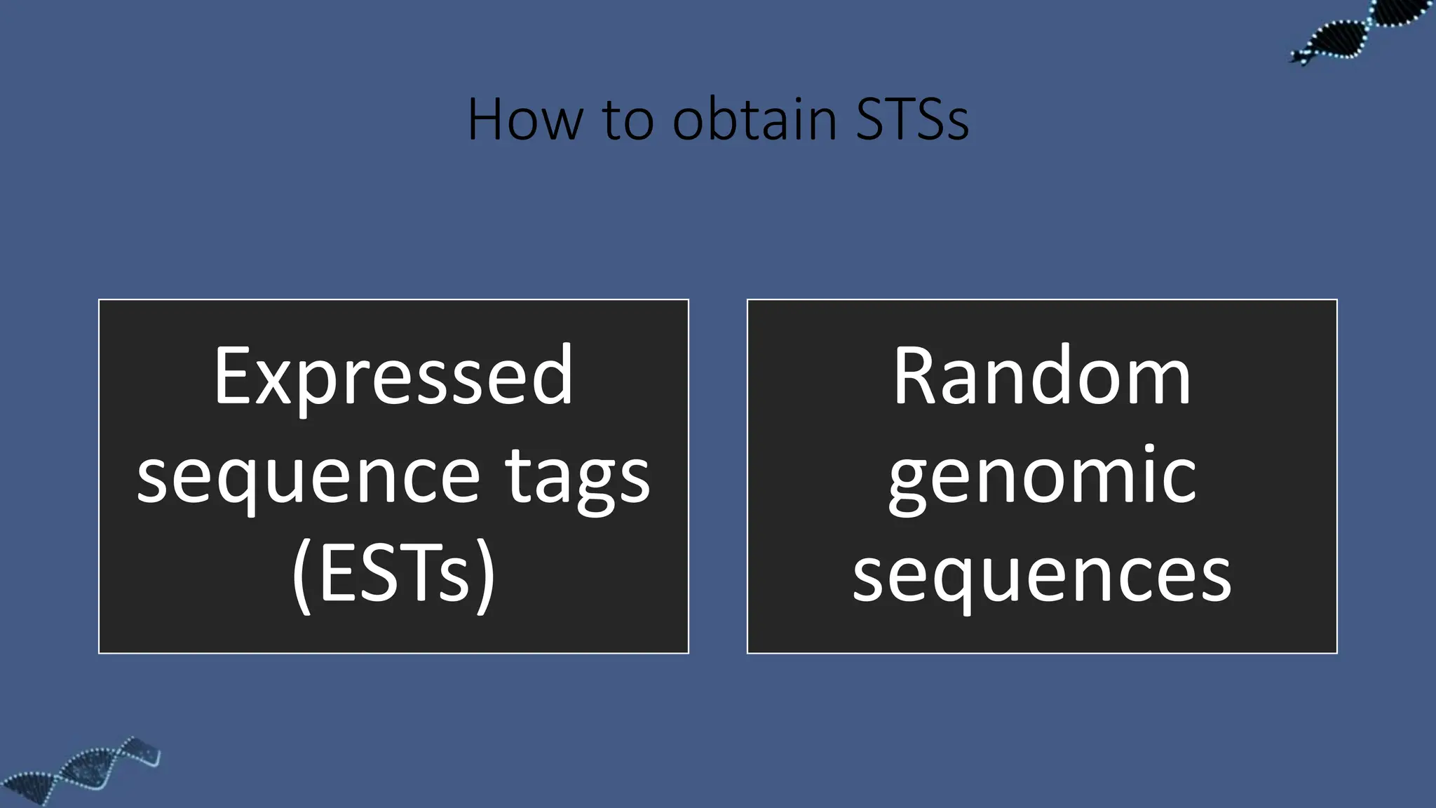 How to obtain STSs
Expressed
sequence tags
(ESTs)
Random
genomic
sequences
 