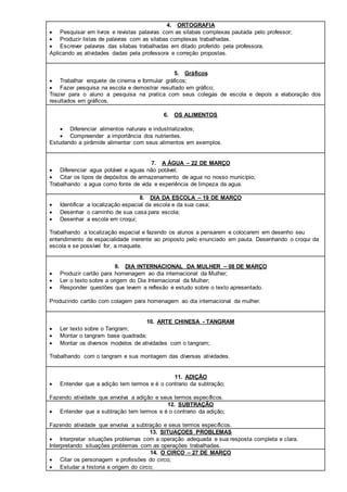 4. ORTOGRAFIA
 Pesquisar em livros e revistas palavras com as silabas complexas pautada pelo professor;
 Produzir listas de palavras com as silabas complexas trabalhadas.
 Escrever palavras das sílabas trabalhadas em ditado proferido pela professora.
Aplicando as atividades dadas pela professora e correção propostas.
5. Gráficos
 Trabalhar enquete de cinema e formular gráficos;
 Fazer pesquisa na escola e demostrar resultado em gráfico;
Trazer para o aluno a pesquisa na pratica com seus colegas de escola e depois a elaboração dos
resultados em gráficos.
6. OS ALIMENTOS
 Diferenciar alimentos naturais e industrializados;
 Compreender a importância dos nutrientes.
Estudando a pirâmide alimentar com seus alimentos em exemplos.
7. A ÁGUA – 22 DE MARÇO
 Diferenciar agua potável e aguas não potável;
 Citar os tipos de depósitos de armazenamento de agua no nosso município;
Trabalhando a agua como fonte de vida e experiência de limpeza da agua.
8. DIA DA ESCOLA – 19 DE MARÇO
 Identificar a localização espacial da escola e da sua casa;
 Desenhar o caminho de sua casa para escola;
 Desenhar a escola em croqui;
Trabalhando a localização espacial e fazendo os alunos a pensarem e colocarem em desenho seu
entendimento de espacialidade inerente ao proposto pelo enunciado em pauta. Desenhando o croqui da
escola e se possível for, a maquete.
9. DIA INTERNACIONAL DA MULHER – 08 DE MARÇO
 Produzir cartão para homenagem ao dia internacional da Mulher;
 Ler o texto sobre a origem do Dia Internacional da Mulher;
 Responder questões que levem a reflexão e estudo sobre o texto apresentado.
Produzindo cartão com colagem para homenagem ao dia internacional da mulher.
10. ARTE CHINESA - TANGRAM
 Ler texto sobre o Tangram;
 Montar o tangram base quadrada;
 Montar os diversos modelos de atividades com o tangram;
Trabalhando com o tangram e sua montagem das diversas atividades.
11. ADIÇÃO
 Entender que a adição tem termos e é o contrario da subtração;
Fazendo atividade que envolva a adição e seus termos específicos.
12. SUBTRAÇÃO
 Entender que a subtração tem termos e é o contrario da adição;
Fazendo atividade que envolva a subtração e seus termos específicos.
13. SITUAÇOES PROBLEMAS
 Interpretar situações problemas com a operação adequada e sua resposta completa e clara.
Interpretando situações problemas com as operações trabalhadas.
14. O CIRCO – 27 DE MARÇO
 Citar os personagem e profissões do circo;
 Estudar a historia e origem do circo;
 