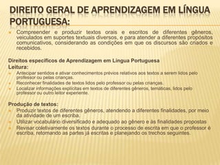 DIREITO GERAL DE APRENDIZAGEM EM LÍNGUA
PORTUGUESA:
 Compreender e produzir textos orais e escritos de diferentes gêneros,
veiculados em suportes textuais diversos, e para atender a diferentes propósitos
comunicativos, considerando as condições em que os discursos são criados e
recebidos.
Direitos específicos de Aprendizagem em Língua Portuguesa
Leitura:
 Antecipar sentidos e ativar conhecimentos prévios relativos aos textos a serem lidos pelo
professor ou pelas crianças.
 Reconhecer finalidades de textos lidos pelo professor ou pelas crianças.
 Localizar informações explícitas em textos de diferentes gêneros, temáticas, lidos pelo
professor ou outro leitor experiente.
Produção de textos:
 Produzir textos de diferentes gêneros, atendendo a diferentes finalidades, por meio
da atividade de um escriba.
 Utilizar vocabulário diversificado e adequado ao gênero e às finalidades propostas
 Revisar coletivamente os textos durante o processo de escrita em que o professor é
escriba, retomando as partes já escritas e planejando os trechos seguintes.
 