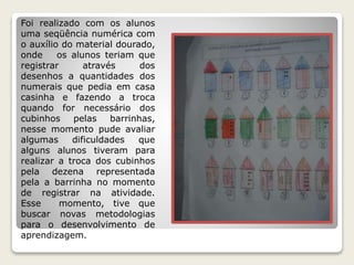 Foi realizado com os alunos 
uma seqüência numérica com 
o auxílio do material dourado, 
onde os alunos teriam que 
registrar através dos 
desenhos a quantidades dos 
numerais que pedia em casa 
casinha e fazendo a troca 
quando for necessário dos 
cubinhos pelas barrinhas, 
nesse momento pude avaliar 
algumas dificuldades que 
alguns alunos tiveram para 
realizar a troca dos cubinhos 
pela dezena representada 
pela a barrinha no momento 
de registrar na atividade. 
Esse momento, tive que 
buscar novas metodologias 
para o desenvolvimento de 
aprendizagem. 
 