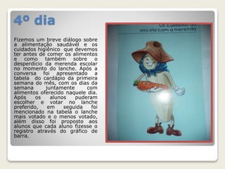 4º dia 
Fizemos um breve diálogo sobre 
a alimentação saudável e os 
cuidados higiênico que devemos 
ter antes de comer os alimentos 
e como também sobre o 
desperdício da merenda escolar 
no momento do lanche. Após a 
conversa foi apresentado a 
tabela do cardápio da primeira 
semana do mês, com os dias da 
semana juntamente com 
alimentos oferecido naquele dia. 
Após os alunos puderam 
escolher e votar no lanche 
preferido, em seguida foi 
mencionado na tabela o lanche 
mais votado e o menos votado, 
além disso foi proposto aos 
alunos que cada aluno fizesse o 
registro através do gráfico de 
barra. 
 