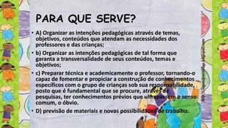 PARA QUE SERVE?
• A) Organizar as intenções pedagógicas através de temas,
objetivos, conteúdos que atendam as necessidades dos
professores e das crianças;
• b) Organizar as intenções pedagógicas de tal forma que
garanta a transversalidade de seus conteúdos, temas e
objetivos;
• c) Preparar técnica e academicamente o professor, tornando-o
capaz de fomentar e propiciar a construção de conhecimentos
específicos com o grupo de crianças sob sua responsabilidade,
posto que é fundamental que se procure, através de
pesquisas, ter conhecimentos prévios que ultrapassem o senso
comum, o óbvio.
• D) previsão de materiais e novas possibilidades de trabalho.
 