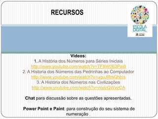 RECURSOS

Vídeos:
1. A História dos Números para Séries Iniciais
http://www.youtube.com/watch?v=TF8W0B3Pai8
2. A Historia dos Números das Pedrinhas ao Computador
http://www.youtube.com/watch?v=uguJRmQhbIs
3. A História dos Números nas Civilizações
http://www.youtube.com/watch?v=ntylzQWvzCA
Chat para discussão sobre as questões apresentadas.
Power Point e Paint: para construção do seu sistema de
numeração .

 