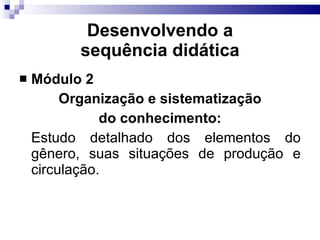 Desenvolvendo a sequência did ática Módulo 2 Organização e sistematização do conhecimento: Estudo detalhado dos elementos do gênero, suas situações de produção e circulação. 