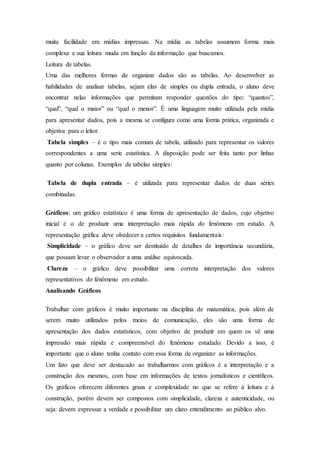 muita facilidade em mídias impressas. Na mídia as tabelas assumem forma mais
complexa e sua leitura muda em função da informação que buscamos.
Leitura de tabelas.
Uma das melhores formas de organizar dados são as tabelas. Ao desenvolver as
habilidades de analisar tabelas, sejam elas de simples ou dupla entrada, o aluno deve
encontrar nelas informações que permitam responder questões do tipo: “quantos”,
“qual”, “qual o maior” ou “qual o menor”. É uma linguagem muito utilizada pela mídia
para apresentar dados, pois a mesma se configura como uma forma prática, organizada e
objetiva para o leitor.
Tabela simples – é o tipo mais comum de tabela, utilizado para representar os valores
correspondentes a uma serie estatística. A disposição pode ser feita tanto por linhas
quanto por colunas. Exemplos de tabelas simples:
Tabela de dupla entrada – é utilizada para representar dados de duas séries
combinadas.
Gráficos: um gráfico estatístico é uma forma de apresentação de dados, cujo objetivo
inicial é o de produzir uma interpretação mais rápida do fenômeno em estudo. A
representação gráfica deve obedecer a certos requisitos fundamentais:
Simplicidade – o gráfico deve ser destituído de detalhes de importância secundária,
que possam levar o observador a uma análise equivocada.
Clareza – o gráfico deve possibilitar uma correta interpretação dos valores
representativos do fenômeno em estudo.
Analisando Gráficos
Trabalhar com gráficos é muito importante na disciplina de matemática, pois além de
serem muito utilizados pelos meios de comunicação, eles são uma forma de
apresentação dos dados estatísticos, com objetivo de produzir em quem os vê uma
impressão mais rápida e compreensível do fenômeno estudado. Devido a isso, é
importante que o aluno tenha contato com essa forma de organizar as informações.
Um fato que deve ser destacado ao trabalharmos com gráficos é a interpretação e a
construção dos mesmos, com base em informações de textos jornalísticos e científicos.
Os gráficos oferecem diferentes graus e complexidade no que se refere à leitura e à
construção, porém devem ser compostos com simplicidade, clareza e autenticidade, ou
seja: devem expressar a verdade e possibilitar um claro entendimento ao público alvo.
 