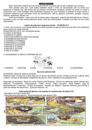 EIXO 3 - LEITURA
Não é necessário esperar que seu aluno já saiba ler e escrever para iniciar o trabalho com a leitura.
Para atender esse eixo, você poderá trabalhar desde o início da escolaridade com os textos que
pertencem à tradição oral. São textos que as crianças normalmente conhecem, gostam de cantar ou recitar e
memorizam com muita facilidade. Eles possibilitam avanços em suas hipóteses a respeito da língua escrita e
propiciam problemas para diferentes níveis de conhecimento. São os gêneros: parlendas, cantigas, músicas,
poemas, quadrinhas, fábulas, etc.
Você deve também, cuidar para que os textos sejam adequados, próprios das brincadeiras de infância,
divertidos e com um forte comprometimento lúdico. Uma vez memorizados, o trabalho com eles, flui com muita
naturalidade.
Leitura de palavras e pequenos textos – C5 D8 D9 c3.2
1- Criar, com os alunos, uma lista de fábulas que serão expostas na sala de aula e que servirão como referência
para a escrita de outras palavras.
SUGESTÃO DE LISTA: (ver orientações gerais)
O LEÃO E O RATINHO
O CORVO E O JARRO
O RATO DO CAMPO E O RATO DA CIDADE
A ASSEMBLEIA DOS RATOS
A CIGARRA E A FORMIGA
A TARTARUGA E A LEBRE
A RAPOSA E A CEGONHA
A RAPOSA E O CORVO
A RAPOSA E AS UVAS
O CÃO E O OSSO
2- CRUZADINHA: O LEÃO E O RATINHO D8 c3.2
1- RATINHO 2-ÁRVORE 3-LEÃO 4-CORDAS 5-PATA 6-CAÇADORES
Escrever palavras D25
AVALIAÇÃO: Ditado de palavras da fábula.
Professor retire o cartaz com o texto para que os alunos não tenham nenhum contato visual com a fábula. Após
o ditado, verifique as dificuldades ortográficas dos alunos, para ir trabalhando-as gradativamente.
Sugestões de atividades: “Bingo de Letras, Sílabas e/ou Palavras”, “Dominó de diferentes Letras, Sílabas e/ou
Palavras”, “Cruzadinhas”, “Caça-palavras”, “Trilha”, “Forca”, “Texto Lacunado”, “Texto Fatiado”, Jogo da
Memória(figuras e palavras)”, “Frases Emendadas”, “Baralho de Sílabas”, “Quantas Palavras (para formar a
partir das sílabas em saquinhos)”, “Caixa de Palavras”, etc.
Implicações do gênero e do suporte na compreensão de textos C10
. Que gênero de texto é esse? D23
. Para quê serve esse gênero? Onde encontramos esse gênero? D24
 