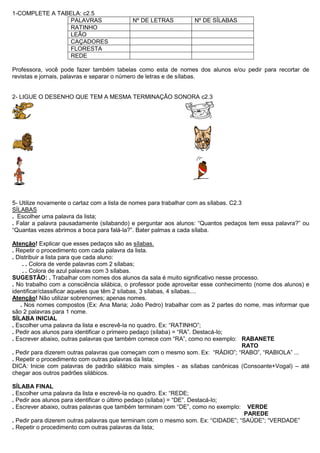 1-COMPLETE A TABELA: c2.5 
PALAVRAS Nº DE LETRAS Nº DE SÍLABAS 
RATINHO 
LEÃO 
CAÇADORES 
FLORESTA 
REDE 
Professora, você pode fazer também tabelas como esta de nomes dos alunos e/ou pedir para recortar de 
revistas e jornais, palavras e separar o número de letras e de sílabas. 
2- LIGUE O DESENHO QUE TEM A MESMA TERMINAÇÃO SONORA c2.3 
5- Utilize novamente o cartaz com a lista de nomes para trabalhar com as sílabas. C2.3 
SÍLABAS 
. Escolher uma palavra da lista; 
. Falar a palavra pausadamente (silabando) e perguntar aos alunos: “Quantos pedaços tem essa palavra?” ou 
“Quantas vezes abrimos a boca para falá-la?”. Bater palmas a cada sílaba. 
Atenção! Explicar que esses pedaços são as sílabas. 
. Repetir o procedimento com cada palavra da lista. 
. Distribuir a lista para que cada aluno: 
. . Colora de verde palavras com 2 sílabas; 
. . Colora de azul palavras com 3 sílabas. 
SUGESTÃO: . Trabalhar com nomes dos alunos da sala é muito significativo nesse processo. 
. No trabalho com a consciência silábica, o professor pode aproveitar esse conhecimento (nome dos alunos) e 
identificar/classificar aqueles que têm 2 sílabas, 3 sílabas, 4 sílabas.... 
Atenção! Não utilizar sobrenomes; apenas nomes. 
. Nos nomes compostos (Ex: Ana Maria; João Pedro) trabalhar com as 2 partes do nome, mas informar que 
são 2 palavras para 1 nome. 
SÍLABA INICIAL 
. Escolher uma palavra da lista e escrevê-la no quadro. Ex: “RATINHO”; 
. Pedir aos alunos para identificar o primeiro pedaço (sílaba) = “RA”. Destacá-lo; 
. Escrever abaixo, outras palavras que também comece com “RA”, como no exemplo: RABANETE 
RATO 
. Pedir para dizerem outras palavras que começam com o mesmo som. Ex: “RÁDIO”; “RABO”, “RABIOLA” ... 
. Repetir o procedimento com outras palavras da lista; 
DICA: Inicie com palavras de padrão silábico mais simples - as sílabas canônicas (Consoante+Vogal) – até 
chegar aos outros padrões silábicos. 
SÍLABA FINAL 
. Escolher uma palavra da lista e escrevê-la no quadro. Ex: “REDE; 
. Pedir aos alunos para identificar o último pedaço (sílaba) = “DE”. Destacá-lo; 
. Escrever abaixo, outras palavras que também terminam com “DE”, como no exemplo: VERDE 
PAREDE 
. Pedir para dizerem outras palavras que terminam com o mesmo som. Ex: “CIDADE”; “SAÚDE”; “VERDADE” 
. Repetir o procedimento com outras palavras da lista; 
 