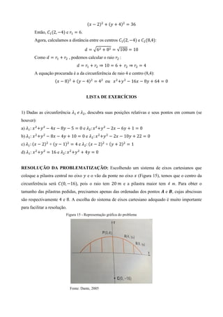 ( ) ( )
Então, ( ) e .
Agora, calculamos a distância entre os centros ( ) e ( ):
√ √
Como , podemos calcular o raio :
A equação procurada é a da circunferência de raio 4 e centro (8,4):
( ) ( )
LISTA DE EXERCÍCIOS
1) Dadas as circunferência , descubra suas posições relativas e seus pontos em comum (se
houver):
a) e
b) e
c) ( ) + ( ) e ( ) + ( )
d) e
RESOLUÇÃO DA PROBLEMATIZAÇÃO: Escolhendo um sistema de eixos cartesianos que
coloque a pilastra central no eixo e o vão da ponte no eixo (Figura 15), temos que o centro da
circunferência será ( ) pois o raio tem e a pilastra maior tem 4 m. Para obter o
tamanho das pilastras pedidas, precisamos apenas das ordenadas dos pontos e , cujas abscissas
são respectivamente e . A escolha do sistema de eixos cartesiano adequado é muito importante
para facilitar a resolução.
Figura 15 - Representação gráfica do problema
Fonte: Dante, 2005
 