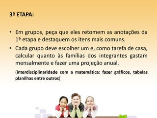 3ª ETAPA:
• Em grupos, peça que eles retomem as anotações da
1ª etapa e destaquem os itens mais comuns.
• Cada grupo deve escolher um e, como tarefa de casa,
calcular quanto às famílias dos integrantes gastam
mensalmente e fazer uma projeção anual.
(interdisciplinaridade com a matemática: fazer gráficos, tabelas
planilhas entre outros)
 