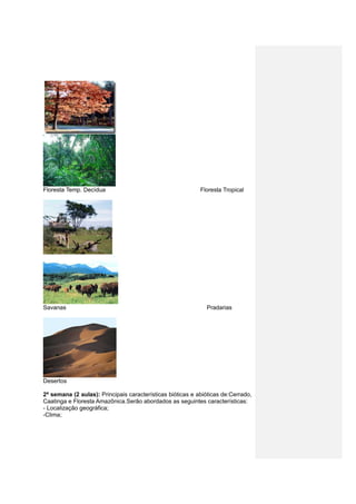 Floresta Temp. Decídua Floresta Tropical
Savanas Pradarias
Desertos
2ª semana (2 aulas): Principais características bióticas e abióticas de:Cerrado,
Caatinga e Floresta Amazônica.Serão abordados as seguintes características:
- Localização geográfica;
-Clima;
 