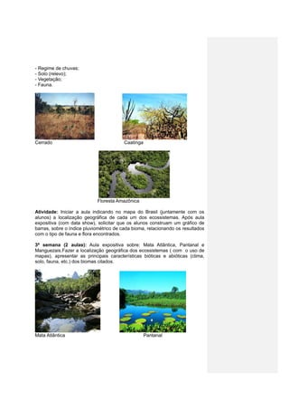 - Regime de chuvas;
- Solo (relevo);
- Vegetação;
- Fauna.
Cerrado Caatinga
Floresta Amazônica
Atividade: Iniciar a aula indicando no mapa do Brasil (juntamente com os
alunos) a localização geográfica de cada um dos ecossistemas. Após aula
expositiva (com data show), solicitar que os alunos construam um gráfico de
barras, sobre o índice pluviométrico de cada bioma, relacionando os resultados
com o tipo de fauna e flora encontrados.
3ª semana (2 aulas): Aula expositiva sobre: Mata Atlântica, Pantanal e
Manguezais.Fazer a localização geográfica dos ecossistemas ( com o uso de
mapas), apresentar as principais características bióticas e abióticas (clima,
solo, fauna, etc.) dos biomas citados.
Mata Atlântica Pantanal
 