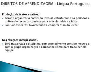 Produção de textos escritos:
 Gerar e organizar o conteúdo textual, estruturando os períodos e
utilizando recursos coesivos para articular ideias e fatos.
 Pontuar os textos, favorecendo a compreensão do leitor.
Nas relações interpessoais .
 Será trabalhada a disciplina, comprometimento consigo mesmo e
com o grupo,organização e companheirismo para trabalhar em
equipe
 