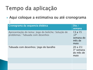  Aqui coloque a estimativa ou até cronograma
:
Cronograma da sequencia didática Dia /
semana
Apresentação do tema/ Jogo do boliche/ Solução de
problemas/ Tabuada com desenhos
13 a 15
/2ª
semana do
mês de
maio
Tabuada com desenhos/ Jogo do baralho 20 a 23/
3ª semana
do mês de
maio
 