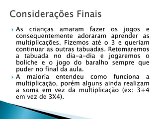  As crianças amaram fazer os jogos e
consequentemente adoraram aprender as
multiplicações. Fizemos até o 3 e queriam
continuar as outras tabuadas. Retomaremos
a tabuada no dia-a-dia e jogaremos o
boliche e o jogo do baralho sempre que
puder no final da aula.
 A maioria entendeu como funciona a
multiplicação, porém alguns ainda realizam
a soma em vez da multiplicação (ex: 3+4
em vez de 3X4).
 