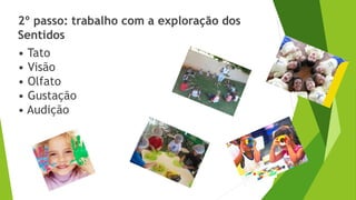 2º passo: trabalho com a exploração dos
Sentidos
• Tato
• Visão
• Olfato
• Gustação
• Audição
 