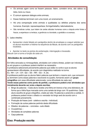 • Os animais agem como se fossem pessoas: falam, cometem erros, são sábios ou
tolos, bons ou maus;
• É comum aparecer diálogos entre animais;
• Essas histórias terminam com uma moral, um ensinamento;
• Há uma comparação entre animais e qualidades ou defeitos próprios dos seres
humanos. Exemplo: raposa/esperteza, formiga/trabalho, leão/sabedoria;
• São narrativas curtas, que tratam de certas atitudes humanas como a disputa entre fortes e
fracos, a esperteza e a lerdeza, a ganância e a bondade, a gratidão e a avareza;
1. Leia o trecho:
• Apresentar o texto fatiado em parágrafos dentro de envelopes e a seguir solicitar que
os alunos recontem a história na sequência da fábula, de acordo com os parágrafos
recebidos.
• Apontar no texto os pontos de exclamação, interrogação e travessão.
Discutir com a turma a função de cada um.
Atividades de consolidação
Em folha xerocada ou mimeografada, atividades com ordens diretas, podem ser individuais
ou em grupos e o professor poderá interferir se necessário.
A professora selecionará previamente palavras que estão no conto e que os alunos
apresentaram dificuldades, de acordo com diagnóstico realizado na turma.
Ex.: NH – LH – CH - QU – SS – RR – GU – X, etc.
A professora pedirá que os alunos falem palavras que tenham o mesmo som, que comecem
ou terminem como essas palavras e escreverá no quadro, formando assim um grupo
ortográfico com essa dificuldade selecionada. (uma dificuldade de cada vez)
Tendo essas palavras como ponto de partida, a professora poderá criar atividades que
inicialmente deverão ser orais e depois escritas:
• Bingo de palavras – Cada aluno recebe uma folha em branco e faz uma dobradura, de
forma que a folha fique marcada como uma cartela de bingo com 16 quadrinhos. Cada
aluno escolhe do grupo ortográfico, criado por eles 16 palavras e preenche a cartela. A
professora poderá iniciar o ditado e o vencedor do bingo será de acordo com o
combinado previamente.
• Produção de frases (oral - coletiva e escrita - individual)
• Formação de outras palavras partindo desta dificuldade
• Ditados: de palavras – concretos - auto ditado
• Cruzadinhas –
• Atividades de completar palavras
• Caça palavras
Eixo: Produção escrita
 