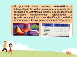 • É possível ainda ensinar matemática e
interpretação textual ao mesmo tempo mediante a
utilização de estratégias lúdicas, em situações que
requeiram conhecimentos relacionados a
grandezas e medidas ou na identificação de dados
em tabelas ou textos, para solucionar problemas.
 