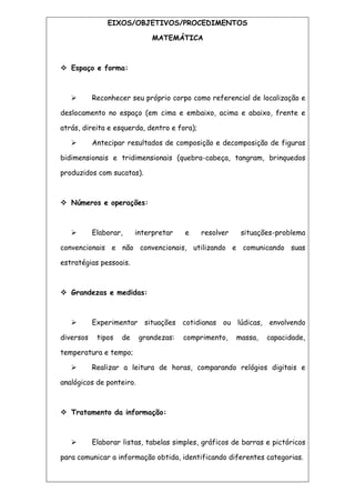 EIXOS/OBJETIVOS/PROCEDIMENTOS
MATEMÁTICA
 Espaço e forma:
 Reconhecer seu próprio corpo como referencial de localização e
deslocamento no espaço (em cima e embaixo, acima e abaixo, frente e
atrás, direita e esquerda, dentro e fora);
 Antecipar resultados de composição e decomposição de figuras
bidimensionais e tridimensionais (quebra-cabeça, tangram, brinquedos
produzidos com sucatas).
 Números e operações:
 Elaborar, interpretar e resolver situações-problema
convencionais e não convencionais, utilizando e comunicando suas
estratégias pessoais.
 Grandezas e medidas:
 Experimentar situações cotidianas ou lúdicas, envolvendo
diversos tipos de grandezas: comprimento, massa, capacidade,
temperatura e tempo;
 Realizar a leitura de horas, comparando relógios digitais e
analógicos de ponteiro.
 Tratamento da informação:
 Elaborar listas, tabelas simples, gráficos de barras e pictóricos
para comunicar a informação obtida, identificando diferentes categorias.
 