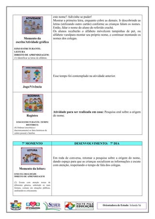 Orientadora de Estudo: Iolanda Sá
Momento da
escrita/Atividade gráfica
EIXO ESTRUTURANTE:
LEITURA
DIREITO DE APRENDIZAGEM:
(1) Identificar as letras do alfabeto.
este nome? Adivinhe se puder!
Mostrar a primeira letra, enquanto cobre as demais. Ir descobrindo as
letras (utilizando outro cartão) conforme as crianças falam os nomes.
Então, falar o nome do aluno do referido crachá.
Os alunos receberão o alfabeto móvelcom tampinhas de pet, ou
alfabeto varalpara montar seu próprio nome, e continuar montando os
nomes dos colegas.
Jogo/Vivência
Esse tempo foi contemplado na atividade anterior.
Registro
EIXO ESTRUTURANTE: TEMPO
HISTÓRICO.
(8) Ordenar (sincrônica e
diacronicamente) os fatos históricos de
ordem pessoal e familiar.
Atividade para ser realizada em casa: Pesquisa oral sobre a origem
do nome.
7º MOMENTO DESENVOLVIMENTO: 7º DIA
Momento da leitura
EIXO DA ORALIDADE:
DIREITO DE APRENDIZAGEM
(2) Escuta com atenção textos de
diferentes gêneros, sobretudo os mais
formais, comuns em situações públicas,
analisando-os criticamente.
Em roda de conversa, retomar a pesquisa sobre a origem do nome,
dando espaço para que as crianças socializem as informações e escute
com atenção, respeitando o tempo de fala dos colegas.
 