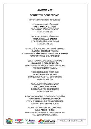 Orientadora de Estudo: Iolanda Sá
ANEXO - 02
GENTE TEM SOBRENOME
(AUTOR E COMPOSITOR - TOQUINHO).
TODAS AS COISAS TÊM NOME
CASA, JANELA E JARDIM
COISAS NÃO TÊM SOBRENOME
MAS A GENTE SIM
TODAS AS FLORES TÊM NOME
ROSA, CAMÉLIA E JASMIM
FLORES NÃO TÊM SOBRENOME
MAS A GENTE SIM
O CHICO É BUARQUE, CAETANO É VELOSO
O ARI FOI BARROSO TAMBÉM
E TEM OS QUE SÃO JORGE, TEM O JORGE AMADO
TEM OUTRO QUE É O JORGE BEN
QUEM TEM APELIDO, DEDÉ, ZACARIAS
MUSSUM E A FAFÁ DE BELÉM
TEM SEMPRE UM NOME E DEPOIS DO NOME
TEM SOBRENOME TAMBÉM
TODO BRINQUEDO TEM NOME
BOLA, BONECA E PATINS
BRINQUEDOS NÃO TÊM SOBRENOME
MAS A GENTE SIM
COISAS GOSTOSAS TÊM NOME
BOLO, MINGAU E PUDIM
DOCES NÃO TÊM SOBRENOME
MAS A GENTE SIM
RENATO É ARAGÃO, O QUE FAZ CONFUSÃO
CARLITOS É O CHARLES CHAPLIN
E TEM O VINÍCIUS, QUE ERA DE MORAES
E O TOM BRASILEIRO É JOBIM
QUEM TEM APELIDO, ZICO, MAGUILA
XUXA, PELÉ E HE-MAN
TEM SEMPRE UM NOME E DEPOIS DO NOME
TEM SOBRENOME TAMBÉM.
 