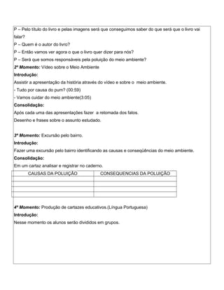 P – Pelo título do livro e pelas imagens será que conseguimos saber do que será que o livro vai
falar?
P – Quem é o autor do livro?
P – Então vamos ver agora o que o livro quer dizer para nós?
P – Será que somos responsáveis pela poluição do meio ambiente?
2º Momento: Vídeo sobre o Meio Ambiente
Introdução:
Assistir a apresentação da história através do vídeo e sobre o meio ambiente.
- Tudo por causa do pum? (00:59)
- Vamos cuidar do meio ambiente(3:05)
Consolidação:
Após cada uma das apresentações fazer a retomada dos fatos.
Desenho e frases sobre o assunto estudado.
3º Momento: Excursão pelo bairro.
Introdução:
Fazer uma excursão pelo bairro identificando as causas e conseqüências do meio ambiente.
Consolidação:
Em um cartaz analisar e registrar no caderno.
CAUSAS DA POLUIÇÃO

CONSEQUENCIAS DA POLUIÇÃO

4º Momento: Produção de cartazes educativos.(Língua Portuguesa)
Introdução:
Nesse momento os alunos serão divididos em grupos.

 