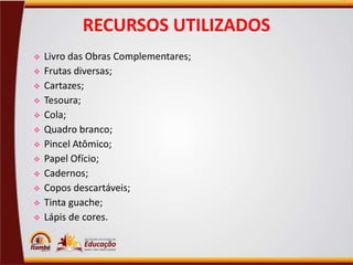 RECURSOS UTILIZADOS














Livro das Obras Complementares;
Frutas diversas;
Cartazes;
Tesoura;
Cola;
Quadro branco;
Pincel Atômico;
Papel Ofício;
Cadernos;
Copos descartáveis;
Tinta guache;
Lápis de cores.

 