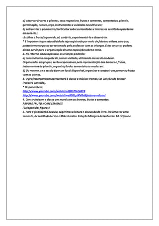a) observarárvores e plantas,seusrespectivos frutose sementes, sementerias,plantio,
germinação,cultivo,rega,instrumentose cuidadosnocultivoetc;
b) entrevistar o pomareiro/horticultorsobrecuriosidadese interesses suscitadospelotema
da aulaetc.;
c) colher a fruta/legumedopé, cortá-lo,experimentá-loe observá-lo.
* É importanteque esta atividadeseja registradapor meio de fotosou vídeos paraque,
posteriormente possaser retomada peloprofessor com ascrianças.Estes recursos podem,
ainda,servir para a organizaçãodeuma exposiçãosobreo tema.
2. Noretorno daaulapasseio,as criançaspoderão:
a) construiruma maquetedo pomar visitado,utilizandomassademodelar.
Organizadosemgrupos,serão responsáveispela representaçãodas árvores e frutos,
instrumentosde plantio,organizaçãodassementeirase mudasetc.
b) Oumesmo, se a escola tiver um local disponível,organizareconstruirum pomar ouhorta
com os alunos.
3. O professortambém apresentaráà classe a música:Pomar,CD Cançõesde Brincar
(PalavraCantada).
* Disponível em:
http://www.youtube.com/watch?v=QRh7Do562Y8
http://www.youtube.com/watch?v=eBDSLpJRVRs&feature=related
4. Construirácoma classe um mural com as árvores, frutose sementes.
ÁRVORE FRUTO NOME SEMENTE
(Colagemdasfiguras)
5. Paraa finalizaçãodaaula,sugerimosaleiturae discussãodolivro:Era uma vez uma
semente, de JudithAnderson e Mike Gordon.ColeçãoMilagresda Natureza.Ed. Scipione.
 