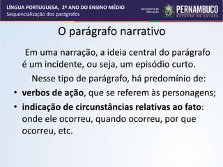 O parágrafo narrativo
Em uma narração, a ideia central do parágrafo
é um incidente, ou seja, um episódio curto.
Nesse tipo de parágrafo, há predomínio de:
• verbos de ação, que se referem às personagens;
• indicação de circunstâncias relativas ao fato:
onde ele ocorreu, quando ocorreu, por que
ocorreu, etc.
LÍNGUA PORTUGUESA, 2º ANO DO ENSINO MÉDIO
Sequencialização dos parágrafos
 
