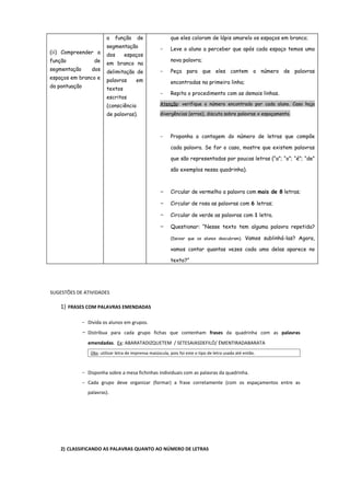 a
(ii) Compreender a
função
segmentação

de
dos

espaços em branco e
da pontuação

função

de

segmentação
dos

espaços

que eles coloram de lápis amarelo os espaços em branco;
-

nova palavra;

em branco na
delimitação de
palavras

-

em

textos
escritos

Leve o aluno a perceber que após cada espaço temos uma

Peça para que eles contem o número de palavras
encontradas na primeira linha;

-

Repita o procedimento com as demais linhas.

(consciência

Atenção: verifique o número encontrado por cada aluno. Caso haja

de palavras).

divergências (erros), discuta sobre palavras x espaçamento.

-

Proponha a contagem do número de letras que compõe
cada palavra. Se for o caso, mostre que existem palavras
que são representadas por poucas letras (“a”; “o”; “é”; “de”
são exemplos nessa quadrinha).

-

Circular de vermelho a palavra com mais de 8 letras;

-

Circular de rosa as palavras com 6 letras;

-

Circular de verde as palavras com 1 letra.

-

Questionar: “Nesse texto tem alguma palavra repetida?
(Deixar que os alunos descubram).

Vamos sublinhá-las? Agora,

vamos contar quantas vezes cada uma delas aparece no
texto?”

SUGESTÕES DE ATIVIDADES

1) FRASES COM PALAVRAS EMENDADAS
- Divida os alunos em grupos.

- Distribua para cada grupo fichas que contenham frases da quadrinha com as palavras
emendadas. Ex: ABARATADIZQUETEM / SETESAIASDEFILÓ/ ÉMENTIRADABARATA
Obs: utilizar letra de imprensa maiúscula, pois foi este o tipo de letra usada até então.

- Disponha sobre a mesa fichinhas individuais com as palavras da quadrinha.
- Cada grupo deve organizar (formar) a frase corretamente (com os espaçamentos entre as
palavras).

2) CLASSIFICANDO AS PALAVRAS QUANTO AO NÚMERO DE LETRAS

 